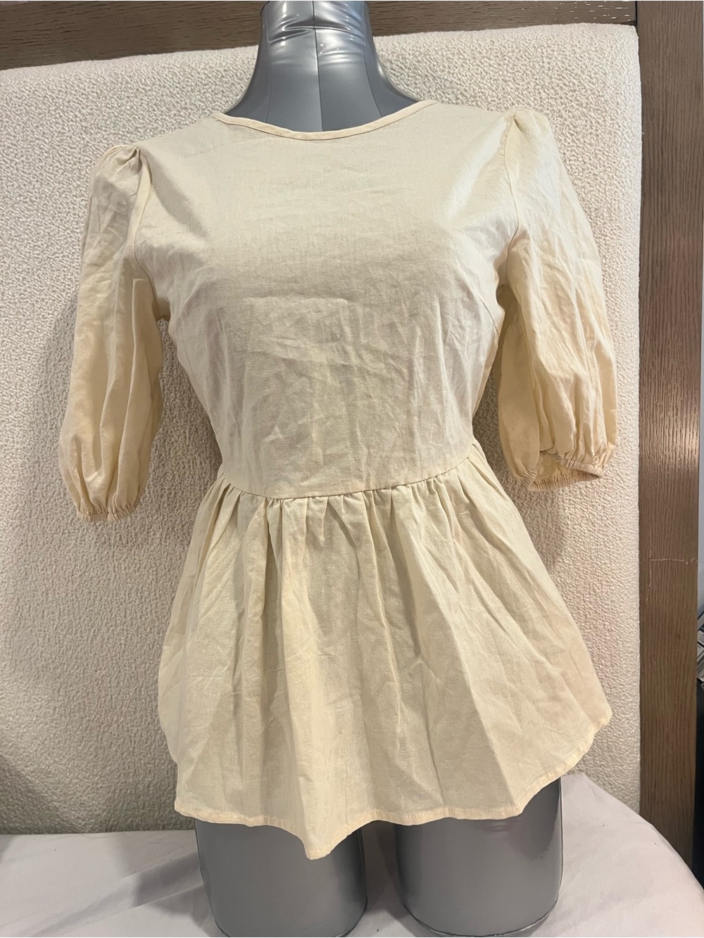 Cream Peplum Puff Sleeve Women's Top HYFVE